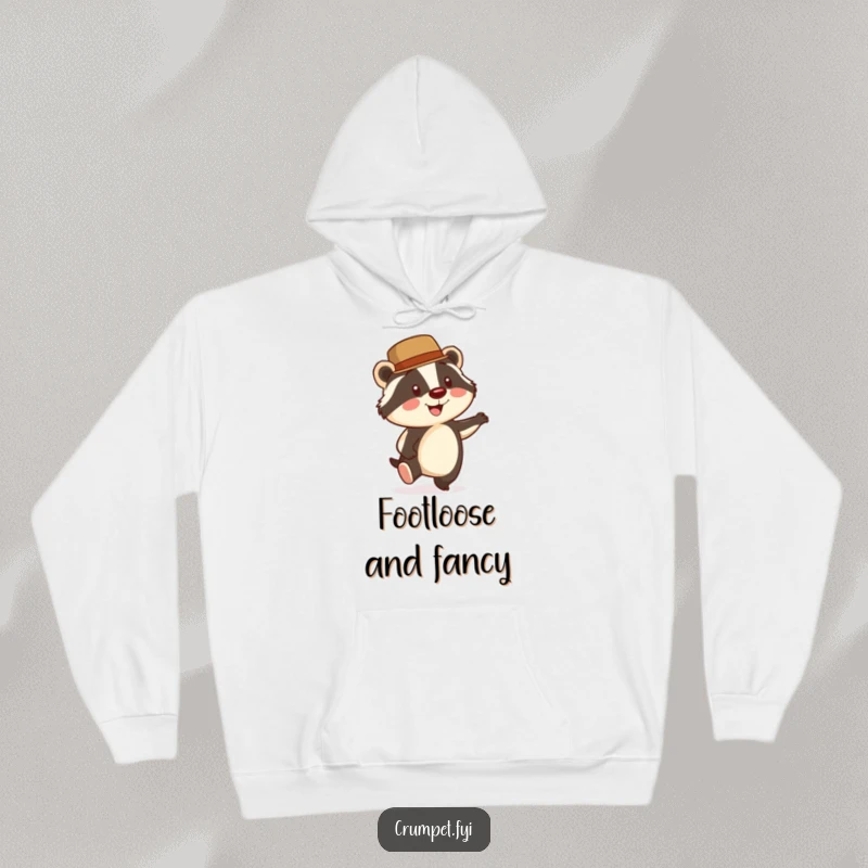 Funny Badger Hoodie: A smiling badger wearing a bowler hat taps its foot energetically, offering cozy warmth and dapper humor.