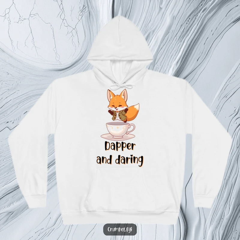 Funny Hoodie featuring a playful fox in a tweed jacket, leaping over a teacup, perfect for cozy, humorous wear.