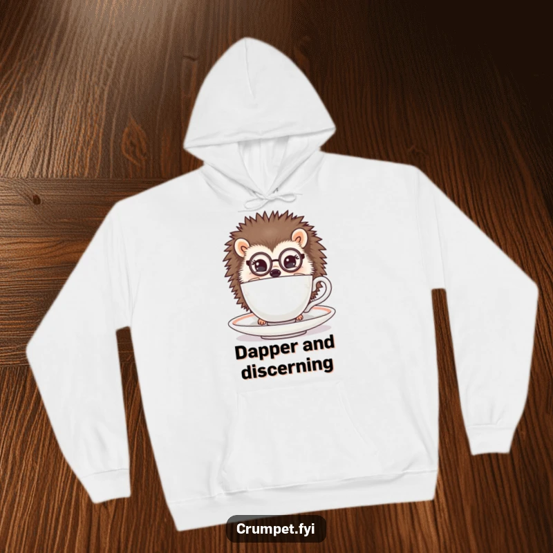 Funny hedgehog hoodie with a dapper hedgehog wearing a monocle peeking over a teacup, cozy and humorous gift.