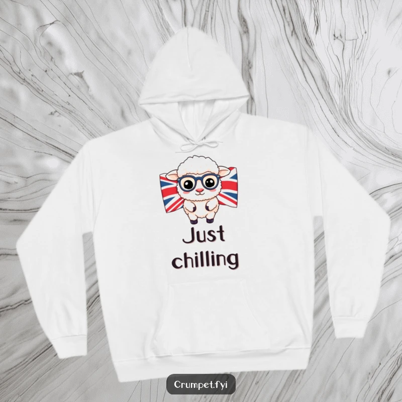 Funny British sheep wearing glasses peeking from behind a Union Jack flag on a cozy hoodie.