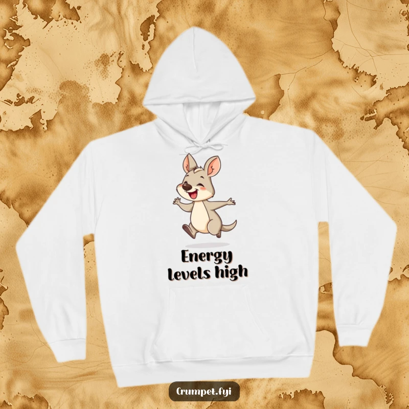 Funny wallaby hoodie featuring a giggling wallaby hopping energetically. A warm and humorous addition to any wardrobe.