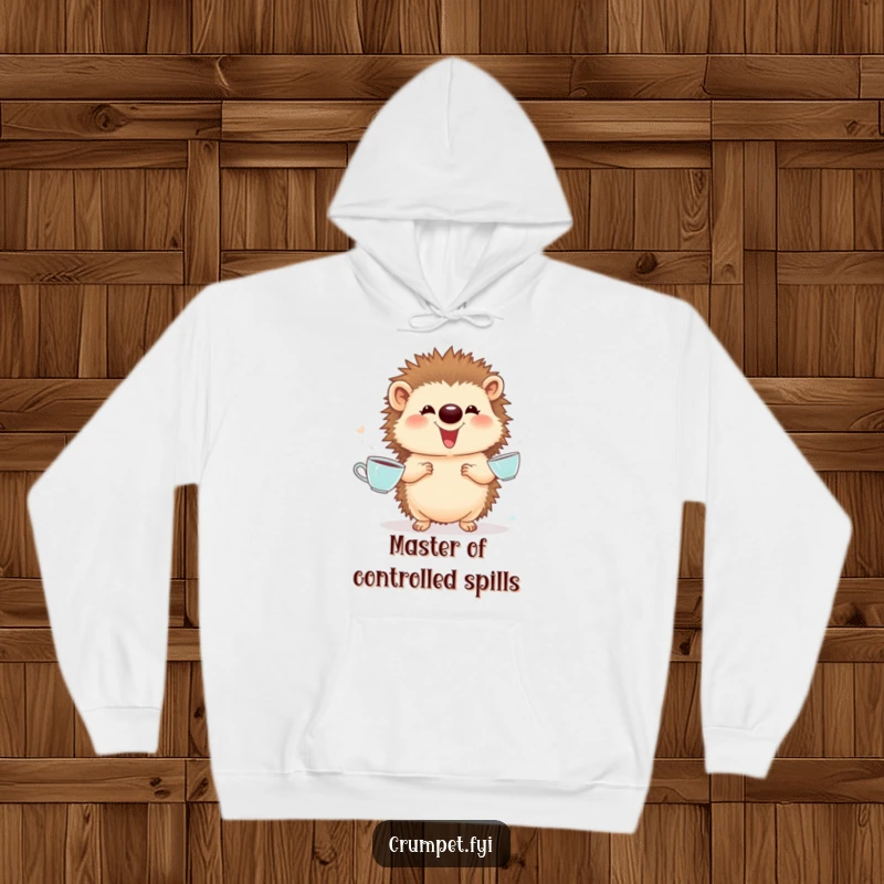 Funny Hoodie: A proud, giggling hedgehog masterfully juggles tiny teacups, creating a scene of delightful, cozy amusement.