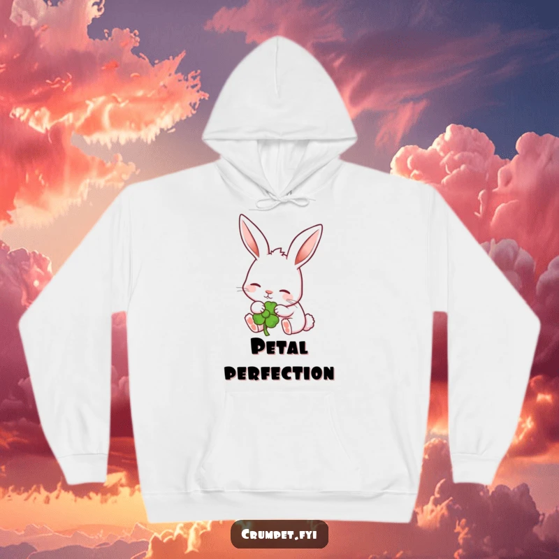 Funny content rabbit with perked ears nibbling a garden flower, featured on a comfortable hoodie. A warm funny gift.