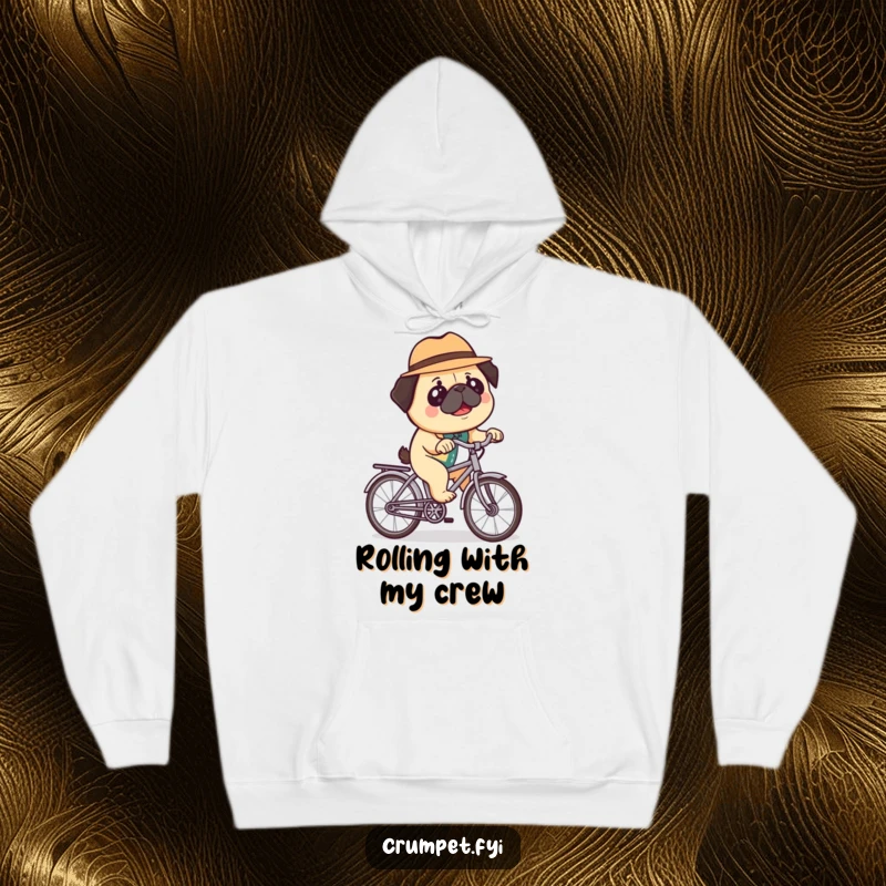 Funny hoodie showcasing a happy pug wearing a bowler hat, riding a miniature bicycle, offering warmth and a dose of adorable, quirky humor.