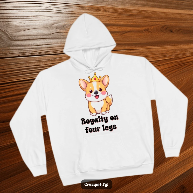 Funny cozy corgi hoodie adorned with a tiny crown, tail wagging, bringing royal comfort and humor.