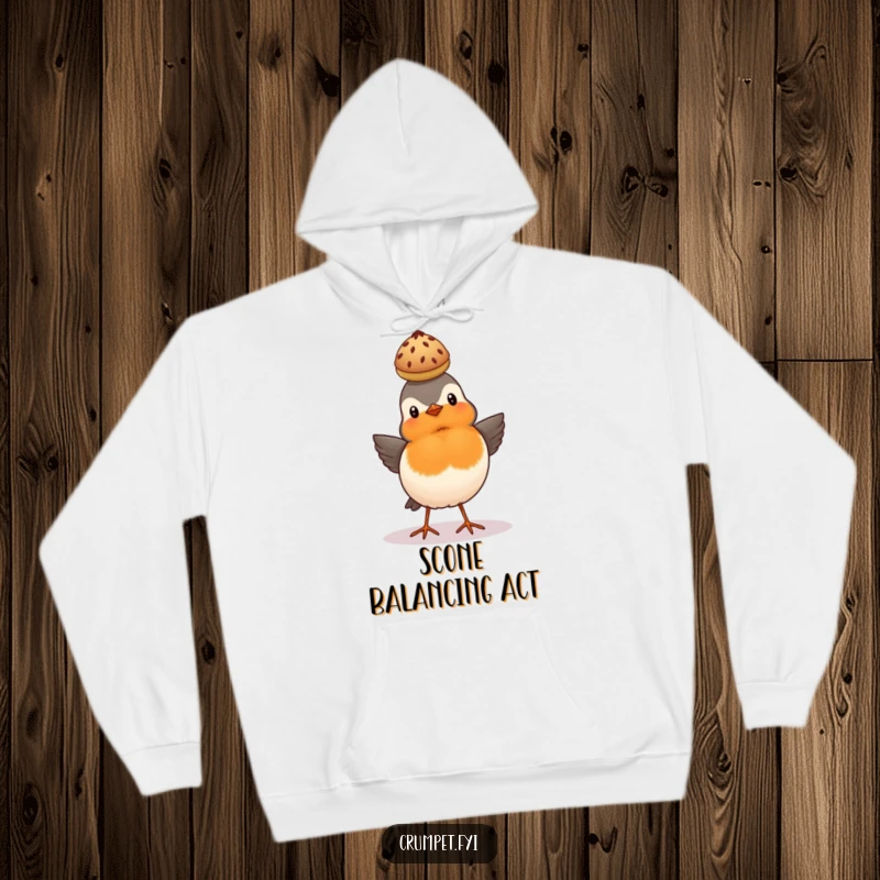 Funny proud robin balancing a scone on its head on a cozy hoodie, British bird design.