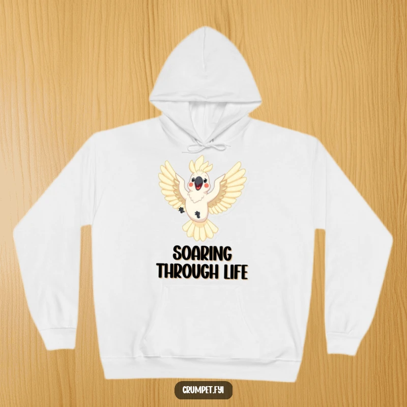 Funny cockatoo hoodie featuring a happy cockatoo flying with outstretched wings. A warm and humorous addition to any wardrobe.