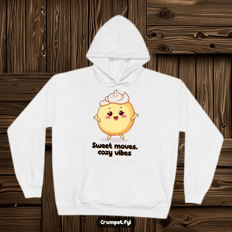 Funny hoodie showcasing a cheerful Danish pastry character with frosting hair, happily twirling in cozy comfort.