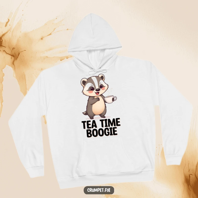 Cozy funny hoodie depicting a playful badger performing a jaunty dance with a teacup, offering warmth and whimsical humor.