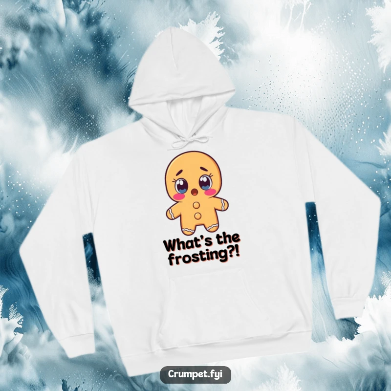 Funny gingerbread man character with wide, shocked eyes on a cozy hoodie, radiating pure astonishment.