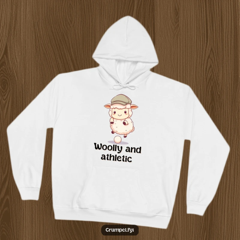 Funny Hoodie of a fluffy sheep wearing a flat cap, bouncing a ball, offering cozy and humorous wear.