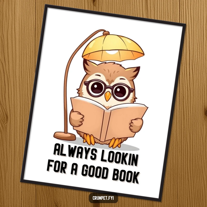 Funny Free Printable wall art of a smiling owl wearing spectacles, reading a large book under a lamp.