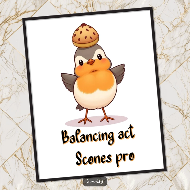 Funny Free Printable Wall Art: A proud robin balances a scone expertly on its head, looking quite pleased.
