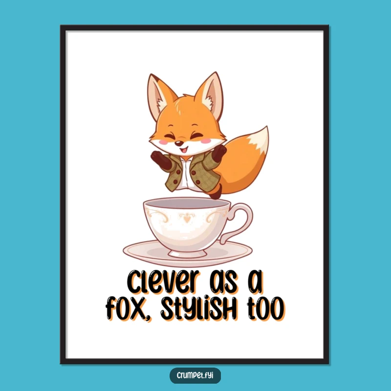 Free Printable Wall Art: Playful Fox Leaping Teacup - Funny Downloadable Decor