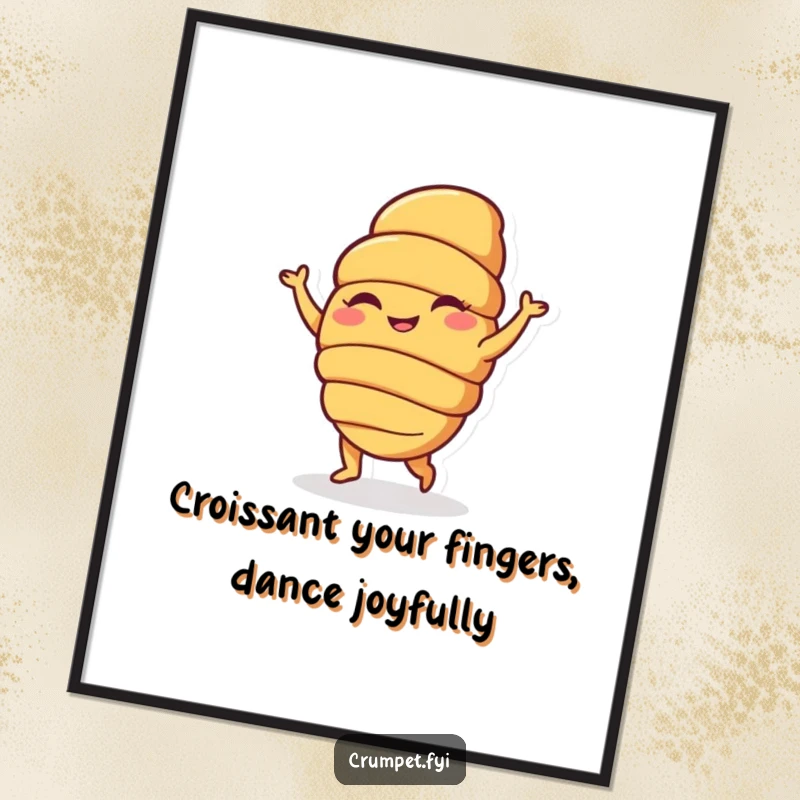 Funny Free Printable Wall Art: A happy croissant character caught mid-silly dance, a humorous and delightful piece of downloadable pastry-themed art.