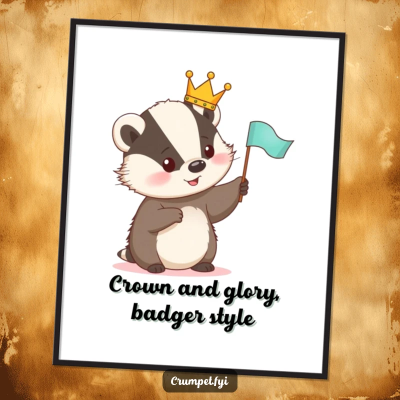 Funny Free Printable Wall Art: A cute badger wearing a tiny crown happily waves a small flag, exuding royal cheer.
