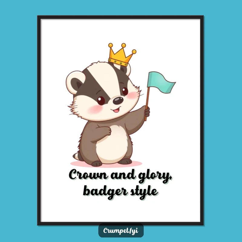 Free Printable Wall Art: Cute Crowned Badger Waving Flag - Funny Downloadable Decor