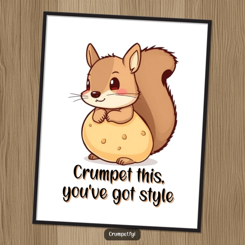 Funny free printable wall art: a mischievous squirrel with a curious expression peeks from behind a large, delicious-looking crumpet.