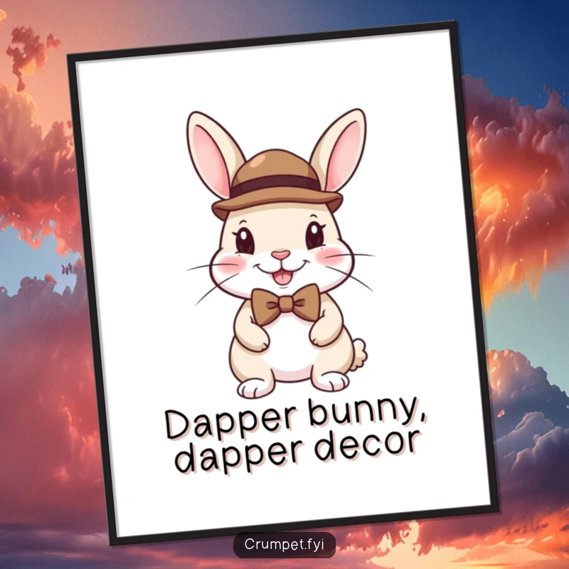 Funny free printable wall art: a happy rabbit wearing a small bowler hat and a bow tie, exuding charm and style.