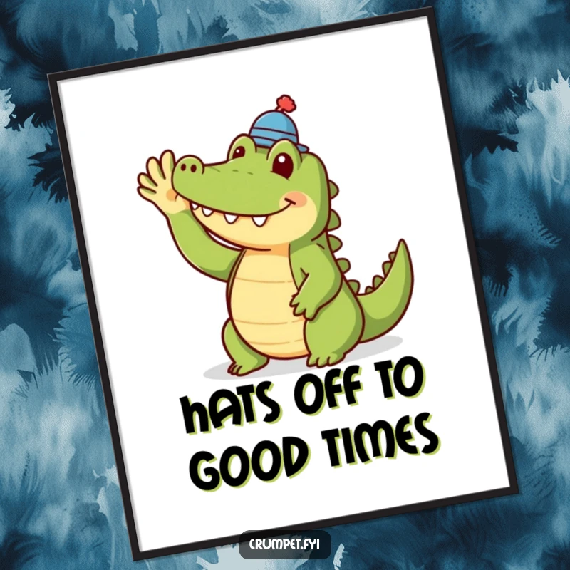 Funny Free Printable Crocodile Wall Art: A smiling crocodile wearing a dapper tiny hat waves hello.