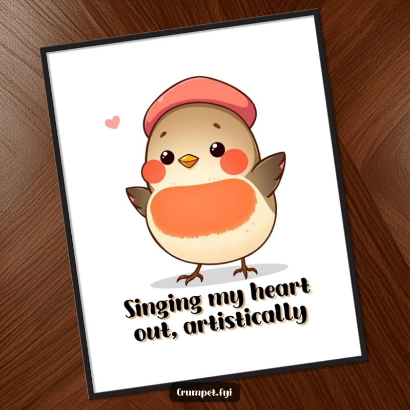 Funny Free Printable Wall Art: Chubby Robin wearing a Beret, Singing with Artistic Flair, Quirky Decor