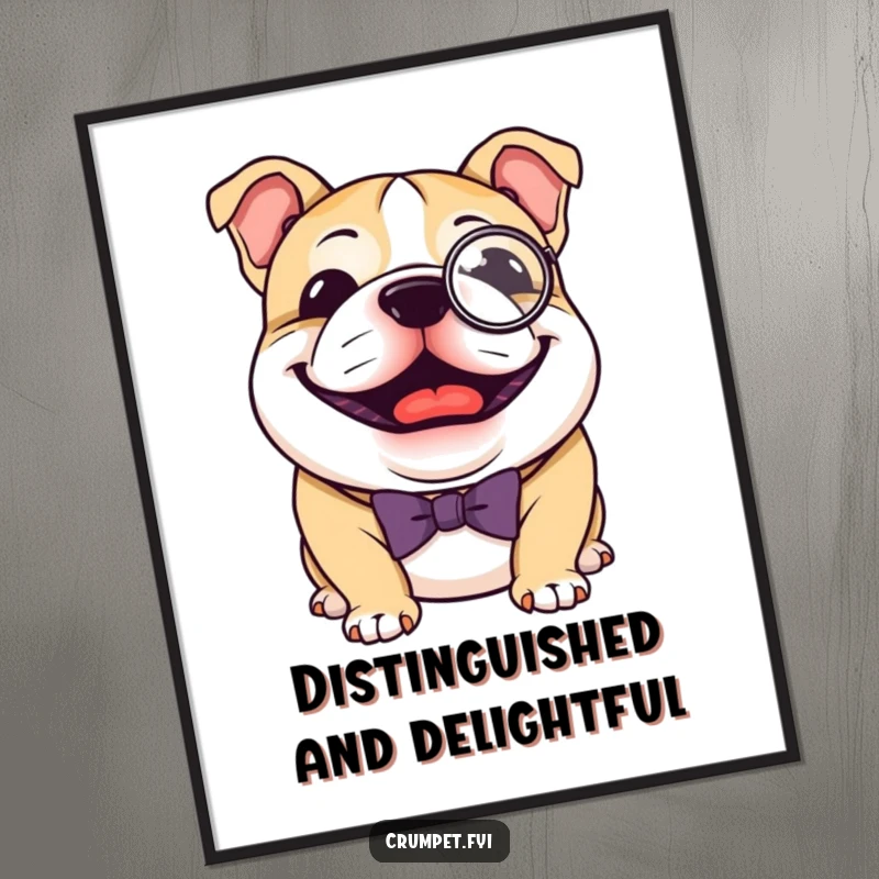 Funny Free Printable Wall Art: A joyful bulldog proudly wears a tiny monocle and a smart bow tie, exuding dapper personality.