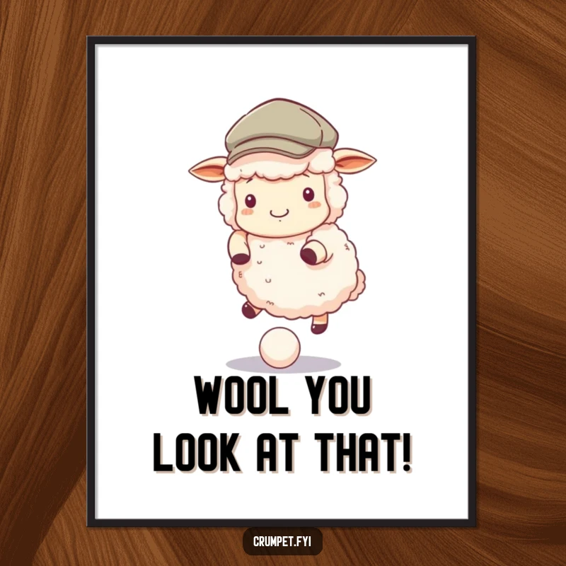 Funny Free Printable Wall Art: A fluffy sheep wearing a flat cap happily bounces a little ball, spreading joy.