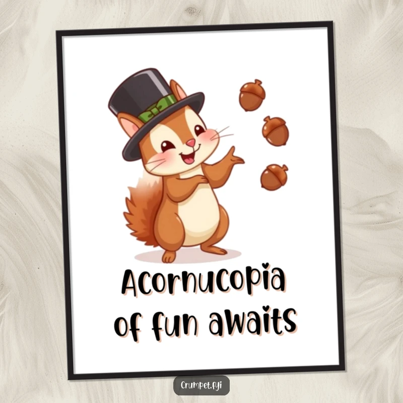 Funny Free Printable Wall Art: A squirrel in a bowler hat joyfully juggles acorns, adding playful energy to your decor.