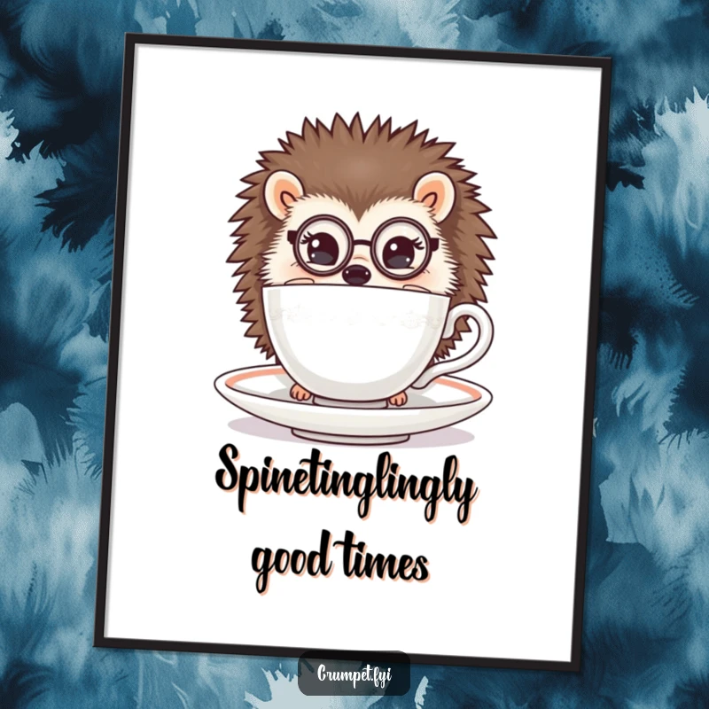 Funny Free Printable Wall Art: A hedgehog sporting a monocle peeks from a teacup, adding quirky elegance to your decor.