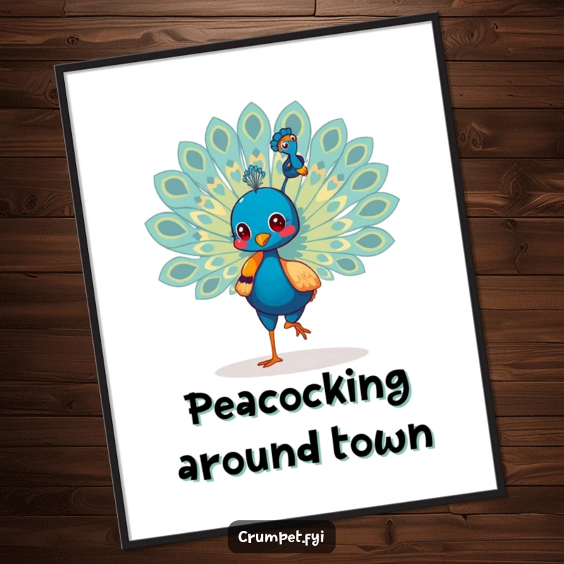 Funny Free Printable Wall Art: A strutting peacock proudly displays its iridescent tail feathers in a magnificent, vibrant spectacle, downloadable.