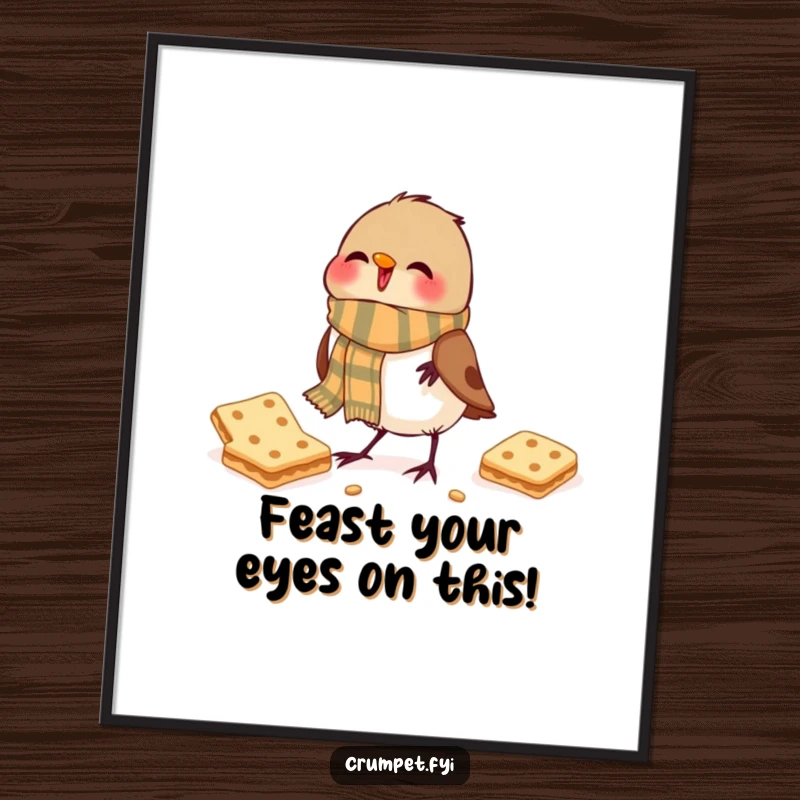 Funny Free Printable Wall Art showing a jubilant robin wearing a dapper scarf happily pecking at a biscuit, charming decor.