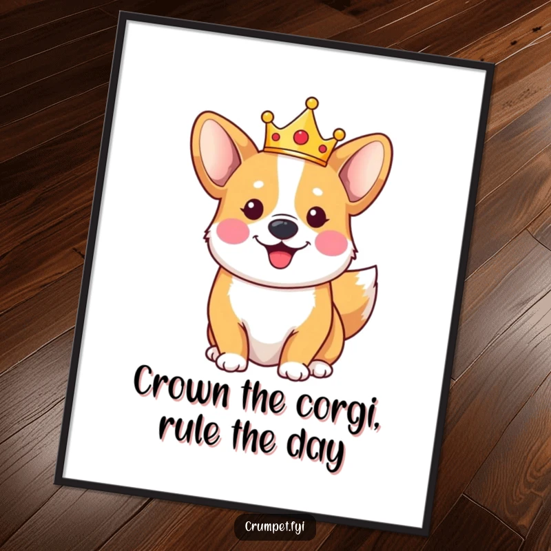 Funny Free Printable Wall Art of a happy corgi wearing a tiny crown and wagging its tail, adding royal charm.