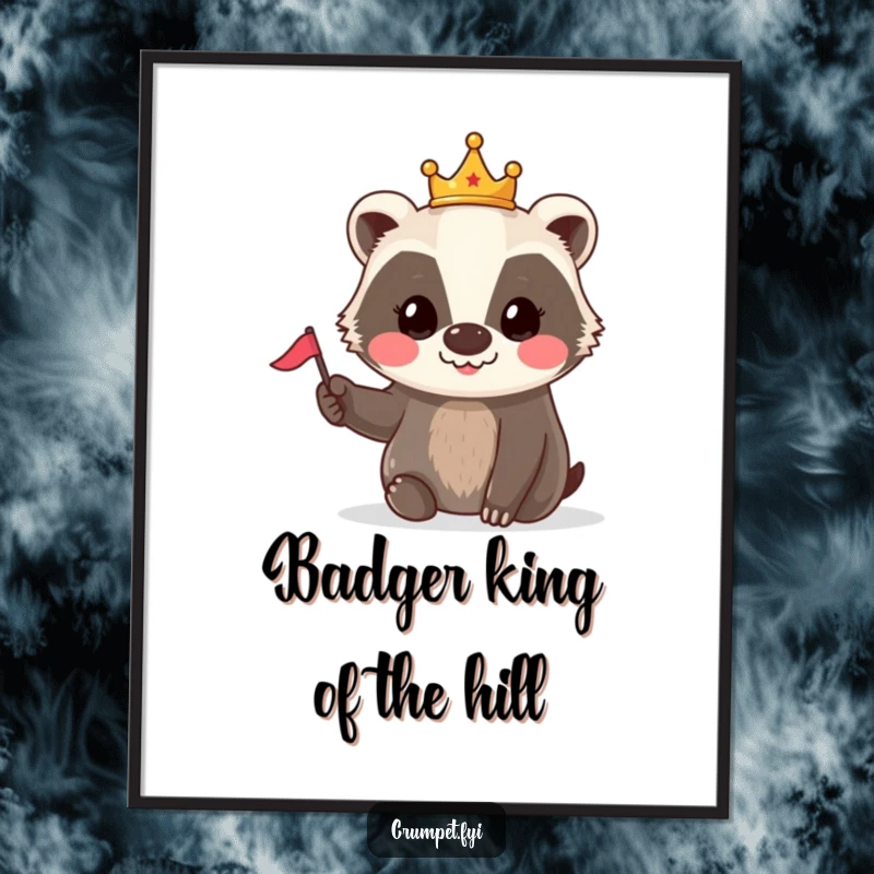 Funny Free Printable Wall Art: A smiling badger sporting a tiny crown waves a small flag with regal cheerfulness.