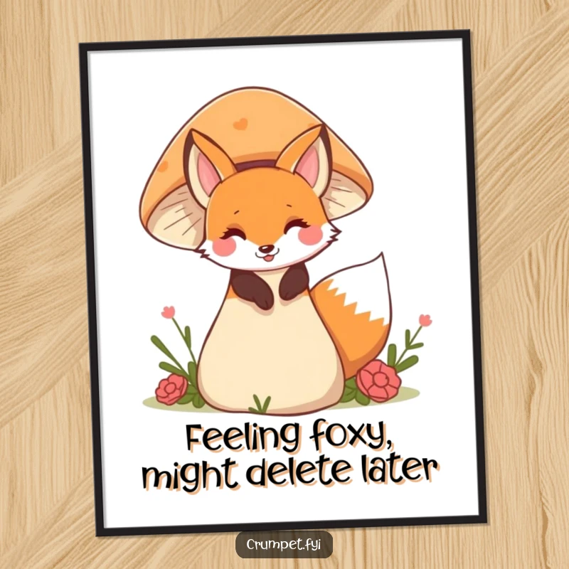Funny Free Printable Wall Art: A playful fox peeking out from behind a giant mushroom, creating a whimsical and curious scene.