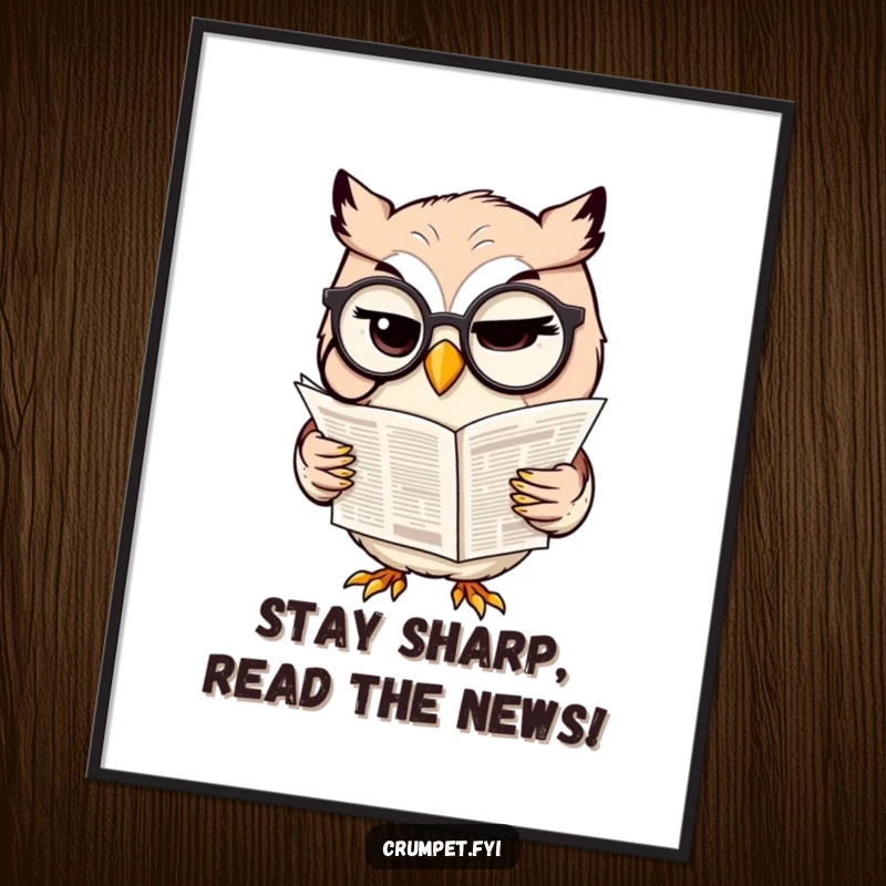 Funny Free Printable Owl Wall Art of a winking owl with a monocle reading a newspaper, perfect for a witty DIY decor gift.