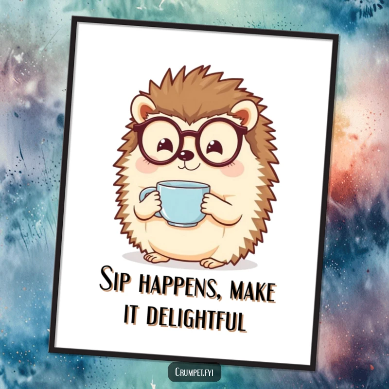 Funny Free Printable Wall Art: A cheerful hedgehog with glasses holds a steaming teacup, looking content and cozy.