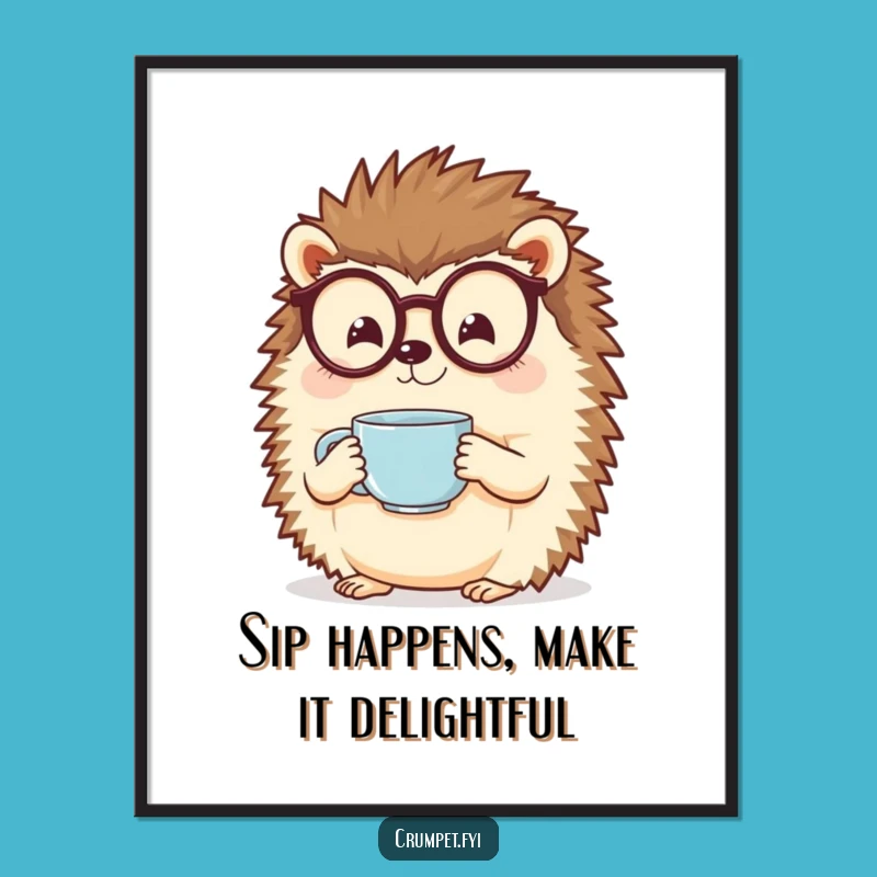 Funny Free Printable Wall Art: Cheerful Hedgehog Tea Time Digital Art