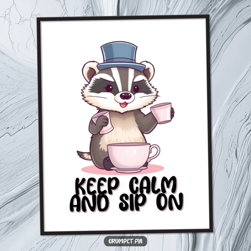 Funny Free Printable Wall Art: A badger in a tiny top hat juggles teacups with impressive balance. Downloadable art.