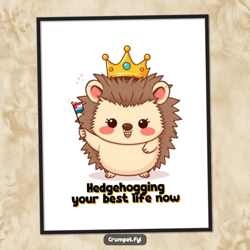 Funny Free Printable Wall Art: A cheerful hedgehog adorned with a crown happily waves a miniature flag with regal enthusiasm.