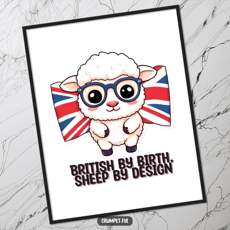 Funny Free Printable Wall Art: A fluffy sheep with spectacles peeks from behind a Union Jack flag, exuding charm.