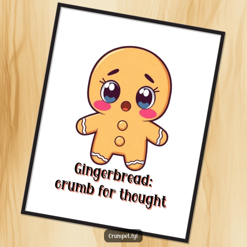 Funny Free Printable Wall Art: Gingerbread man character with wide, shocked eyes, looking surprised at something off-frame, creating a humorous visual.