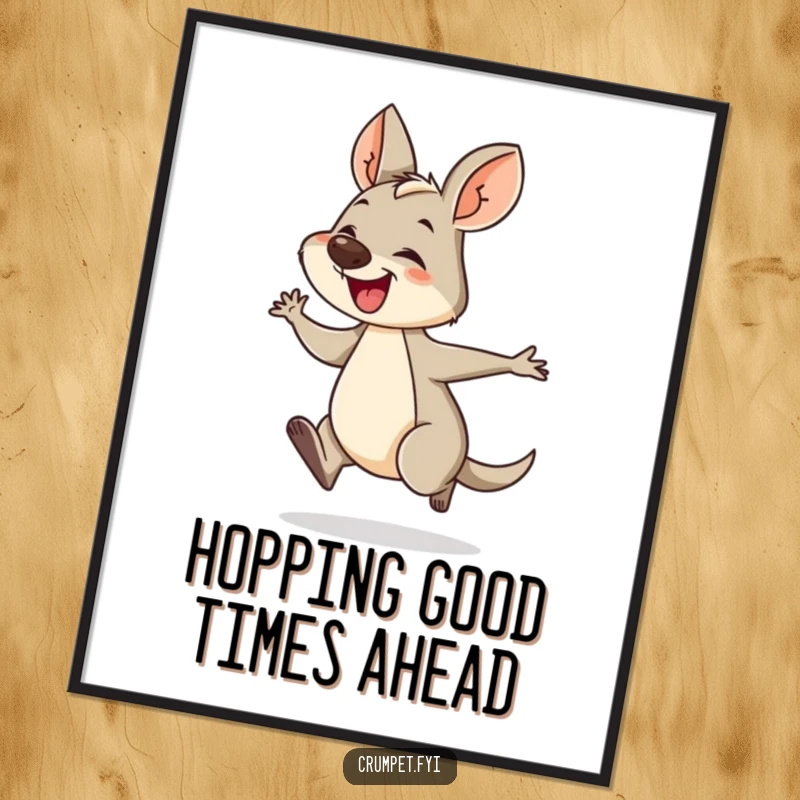 Funny Free Printable Wallaby Wall Art: A giggling wallaby hops energetically across a whimsical background.