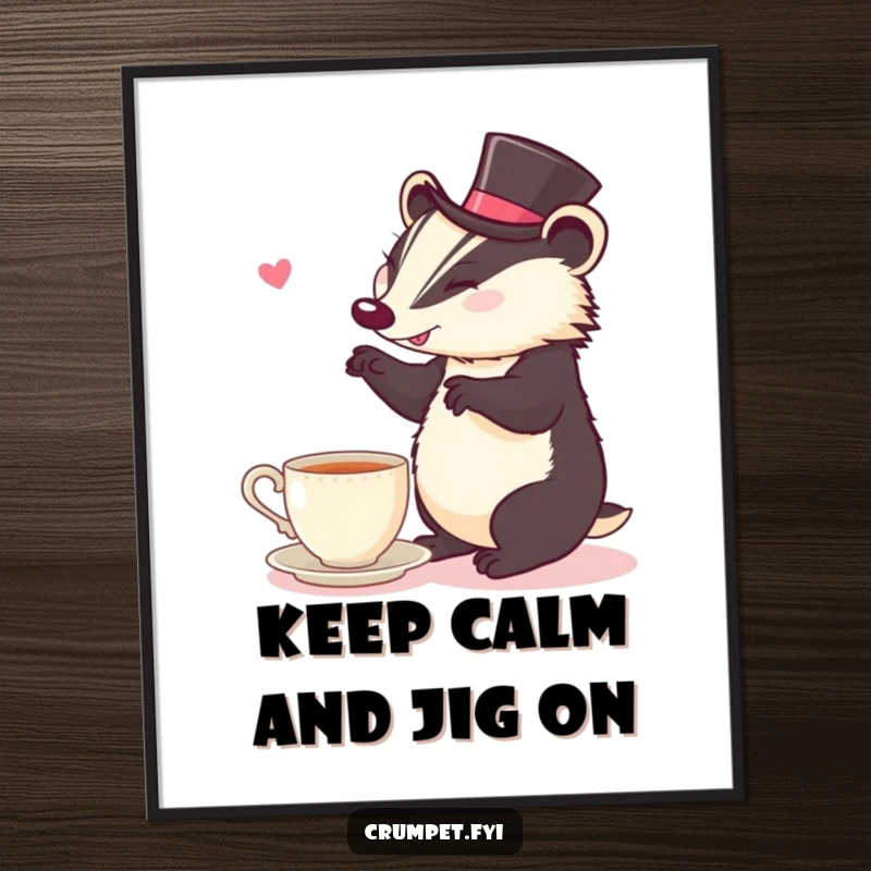 Funny Free Printable Wall Art showing a cheerful badger in a top hat doing a jig near a cup of tea, quirky decor.