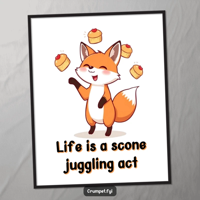 Funny Free Printable Wall Art: An excited fox joyfully juggling multiple miniature scones in the air.