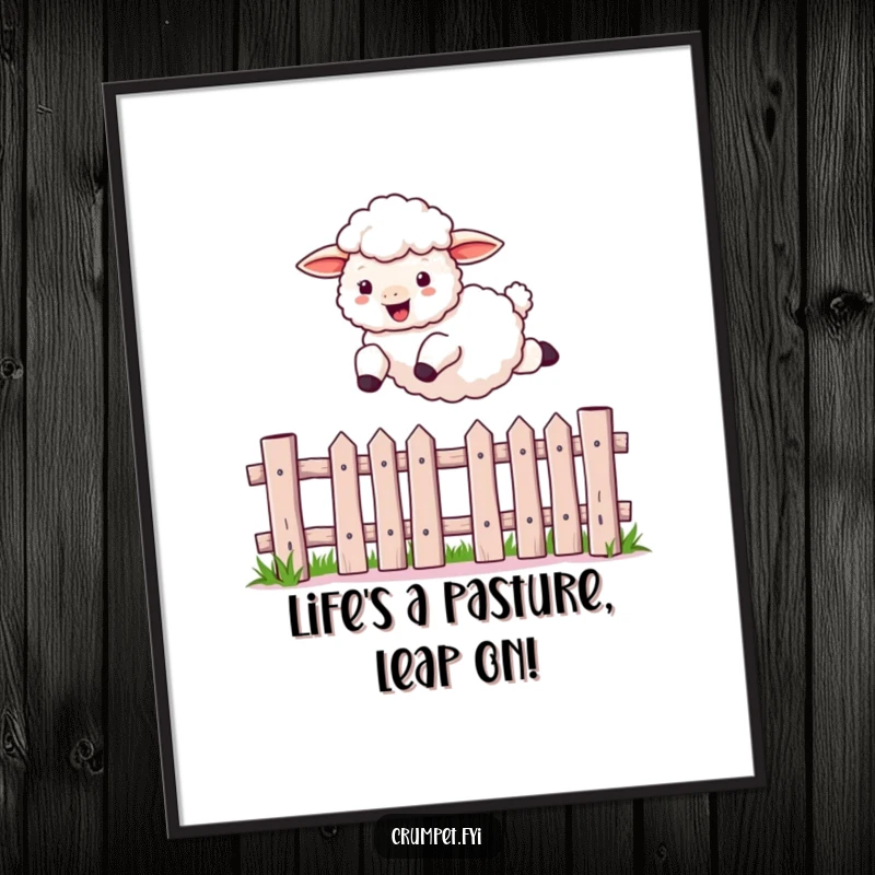 Funny Free Printable Wall Art: A fluffy sheep joyfully leaping over a picket fence, bringing a sense of playful energy.