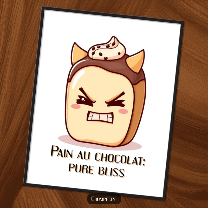Funny Free Printable Wall Art: Pain au chocolat character winking with a devilish grin, exuding charm and playfulness for unique decor.