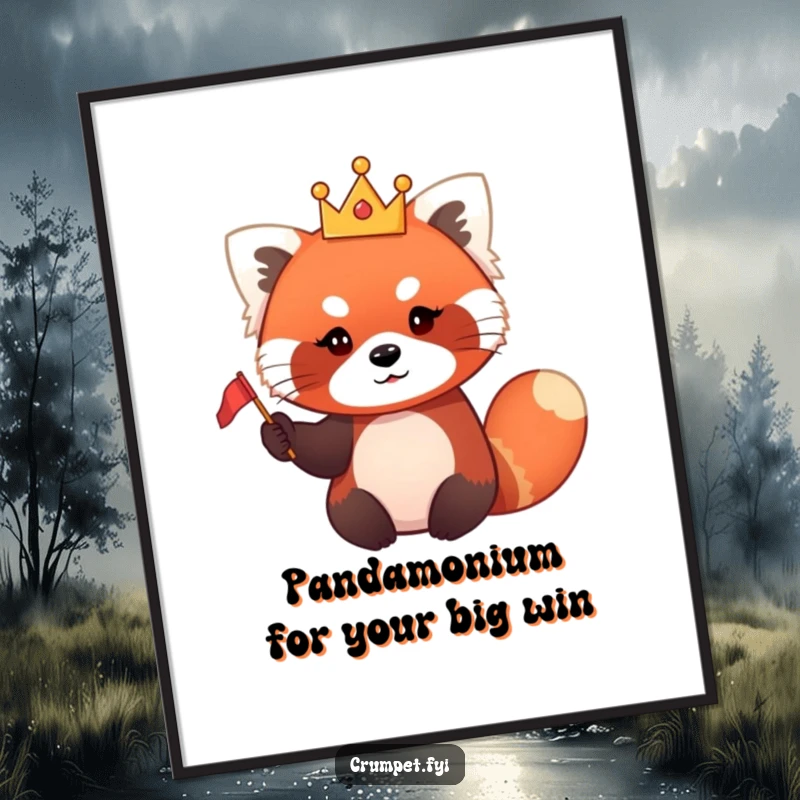 Funny Free Printable Wall Art featuring a red panda wearing a crown and waving a flag, radiating festive charm and joy.