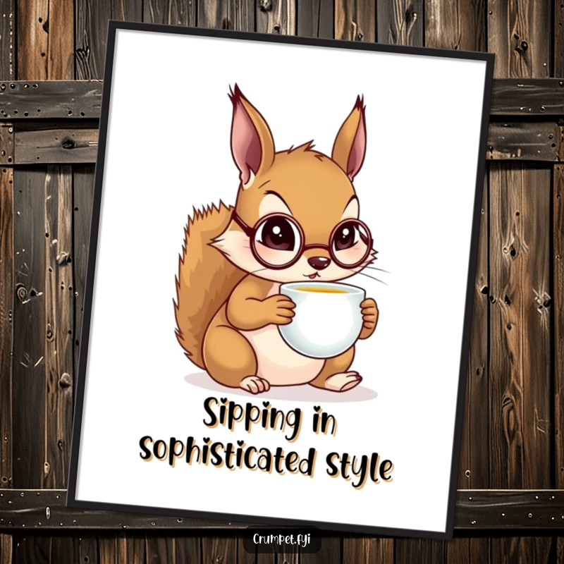 Funny Free Printable Wall Art: A squirrel wearing a monocle sips tea with sophisticated flair. Downloadable art.
