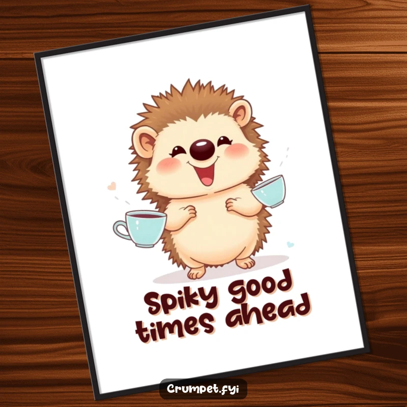 Funny Free Printable Wall Art: Adorable hedgehog giggles while skillfully juggling delicate teacups, a humorous display.
