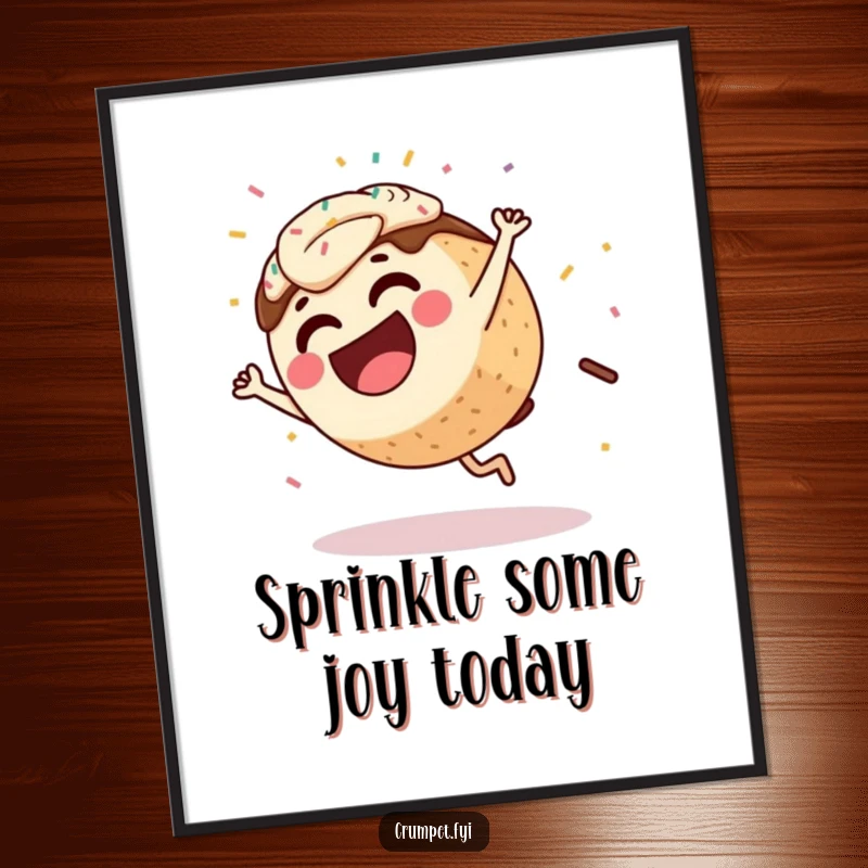 Funny free printable wall art of a coffee cake character doing a cartwheel, sprinkles trailing behind, full of joy.